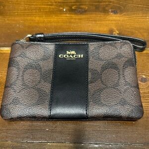 Coach Brown Signature Canvas Wristlet with Black Trim